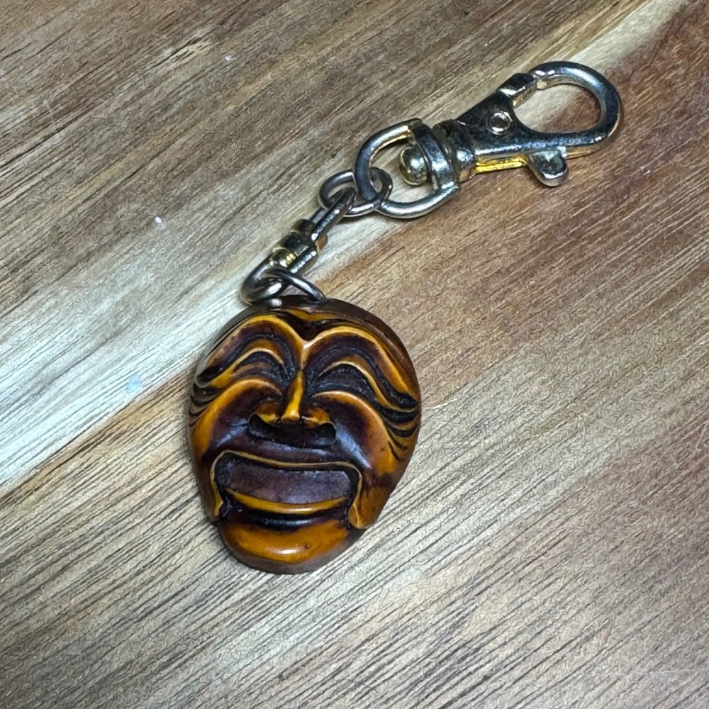 Vintage Korean Hahoe Mask Keychain Carved Wood Style Smiling Folk Art Charm